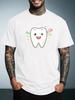 Unisex Summer White Short Sleeve Tee Cartoon Smiling Tooth Color Sparkle Graphic Print Crew Neck Loose Male Casual Streetwear Tops