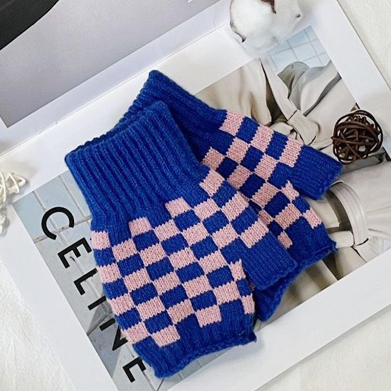 Warm Gloves Knitted Half-finger Plaid Cold-proof Gloves for Women Winter