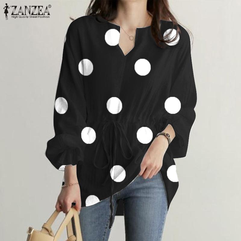 

ZANZEA Горошек Повседневная V-образный вырез с длинным рукавом Женщины Блузка Рубашка