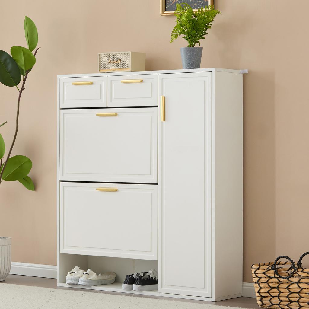 Modern Shoe Cabinet, with Adjustable Shelves, Gold Handles, Drawers, Flip-Down Shoe Cabinet and Doors, White, W95/D24/H107.5