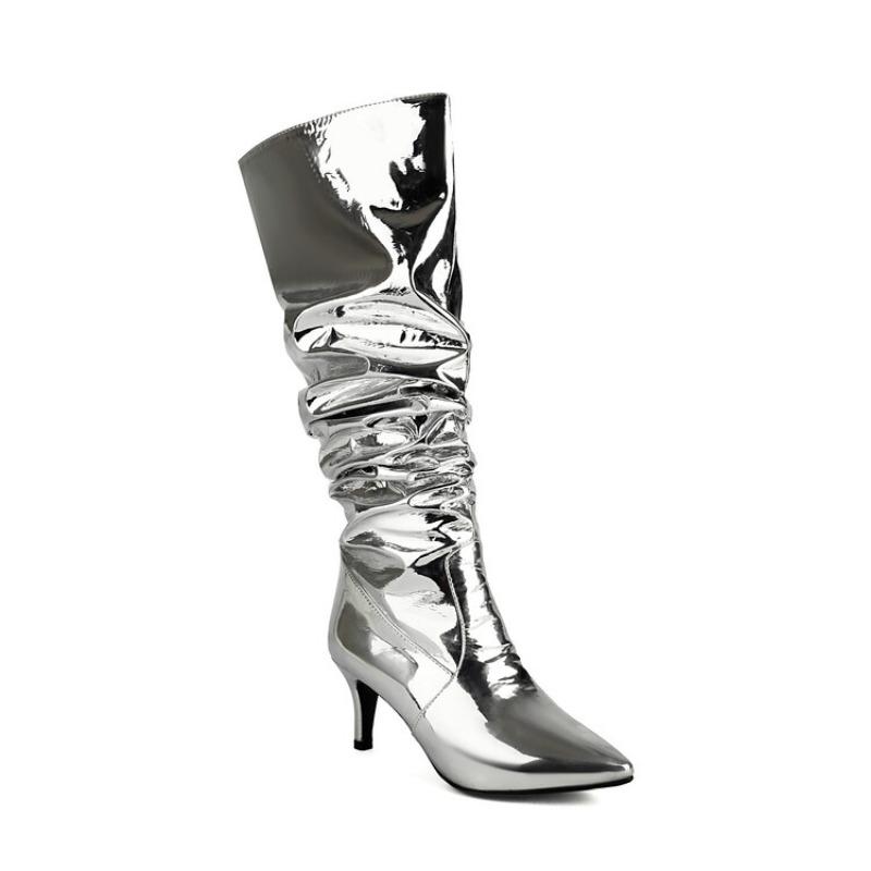 Moda Europejska Amerykańska Lakierowana Plisowana Złota Srebrna Długie Kozaki Kobiety 6,5 cm Wysoki Obcas Krótkie Pluszowe Kozaki do Kolana Rozmiar 32-48