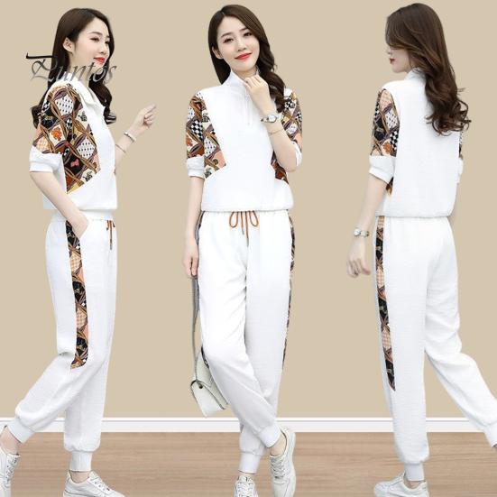 

2 шт./компл., женский свитер, брюки, костюм на молнии с отложным воротником и принтом, с длинным рукавом и завязками на щиколотке, плюс размер, женский топ, комплект брюк, спортивный костюм