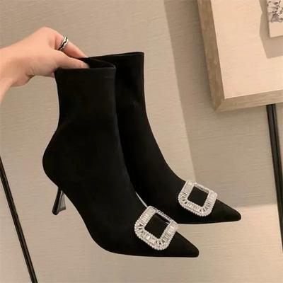 Fashion New Boots for Women Winter 2024 Hot Sale Solid Color Slender Heel Pointed Toe Rhinestone Decoration Outdoors Women's Boots