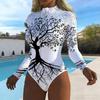 Women Long Sleeve One Piece Swimsuit Zip Front Butterfly Flowers Print Rash Guard Surfing Bathing Suit