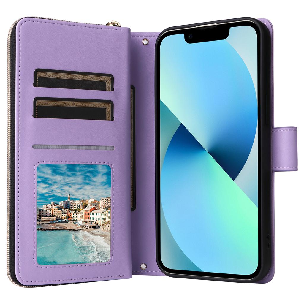 For iPhone 13 mini Case Leather Zipper Pouch Wallet Crossbody Phone Cover