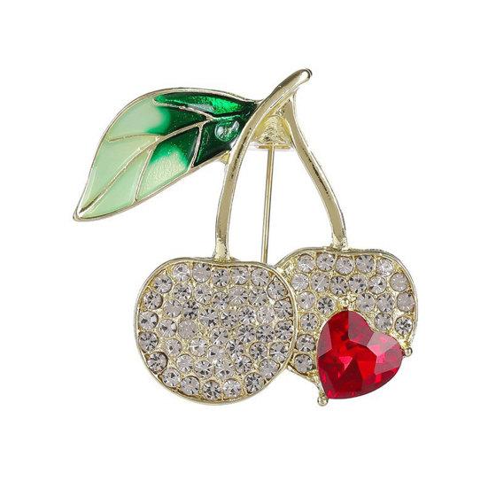 Yousheng Brooch Pin, Cherry Heart Shape Lapel Pin with Green Leaves, Sparkling Rhinestones Enamel Decorative Badge for Coats Suits золотистый