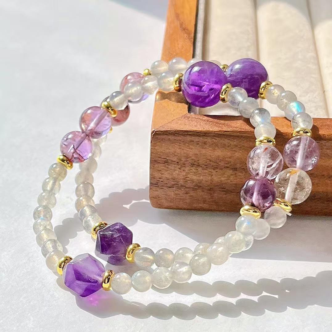 Vintage Gray Elongated Stone Moonstone Natural Purple Ghost Amethyst Design Bracelet