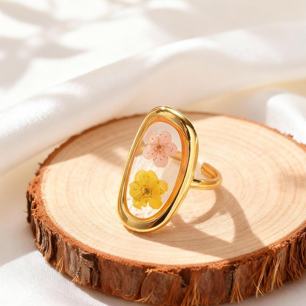Stainless Steel Geometric Flower Transparent Ring for Women Round Sun Heart Shaped Flower Ring Opening Finger Jewelry Gift