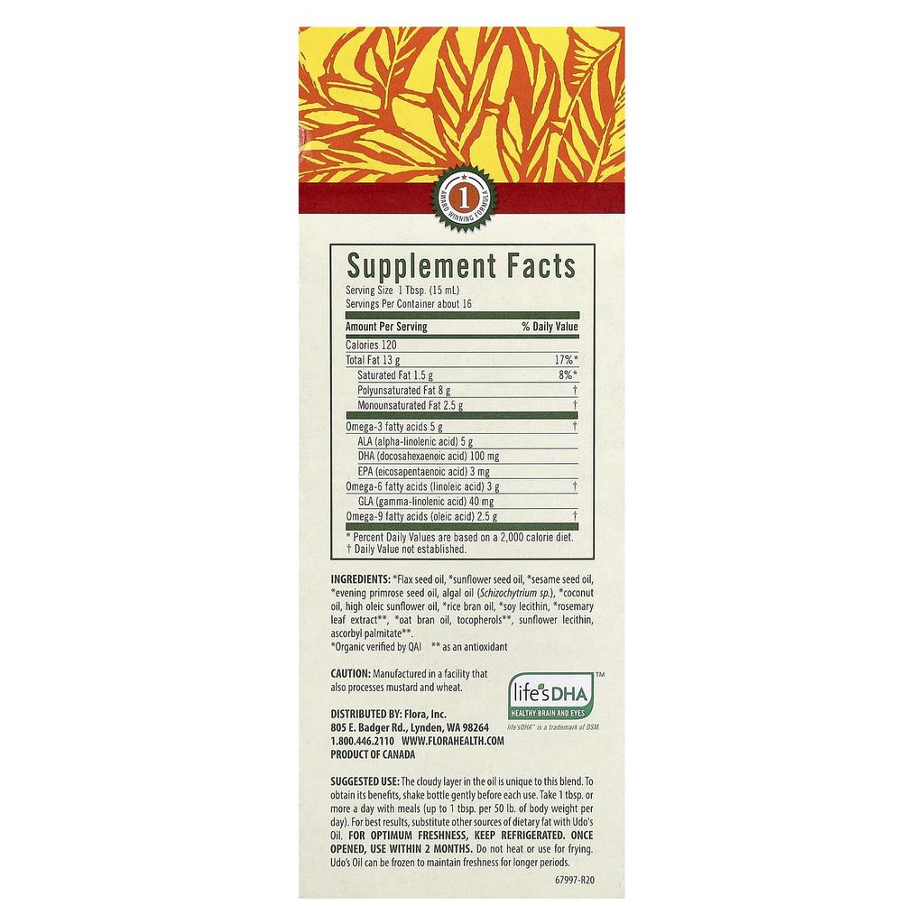 Udo'S Choice, Udo'S Oil, Dha 3-6-9 Blend, 250Ml(8.5Fl Oz)