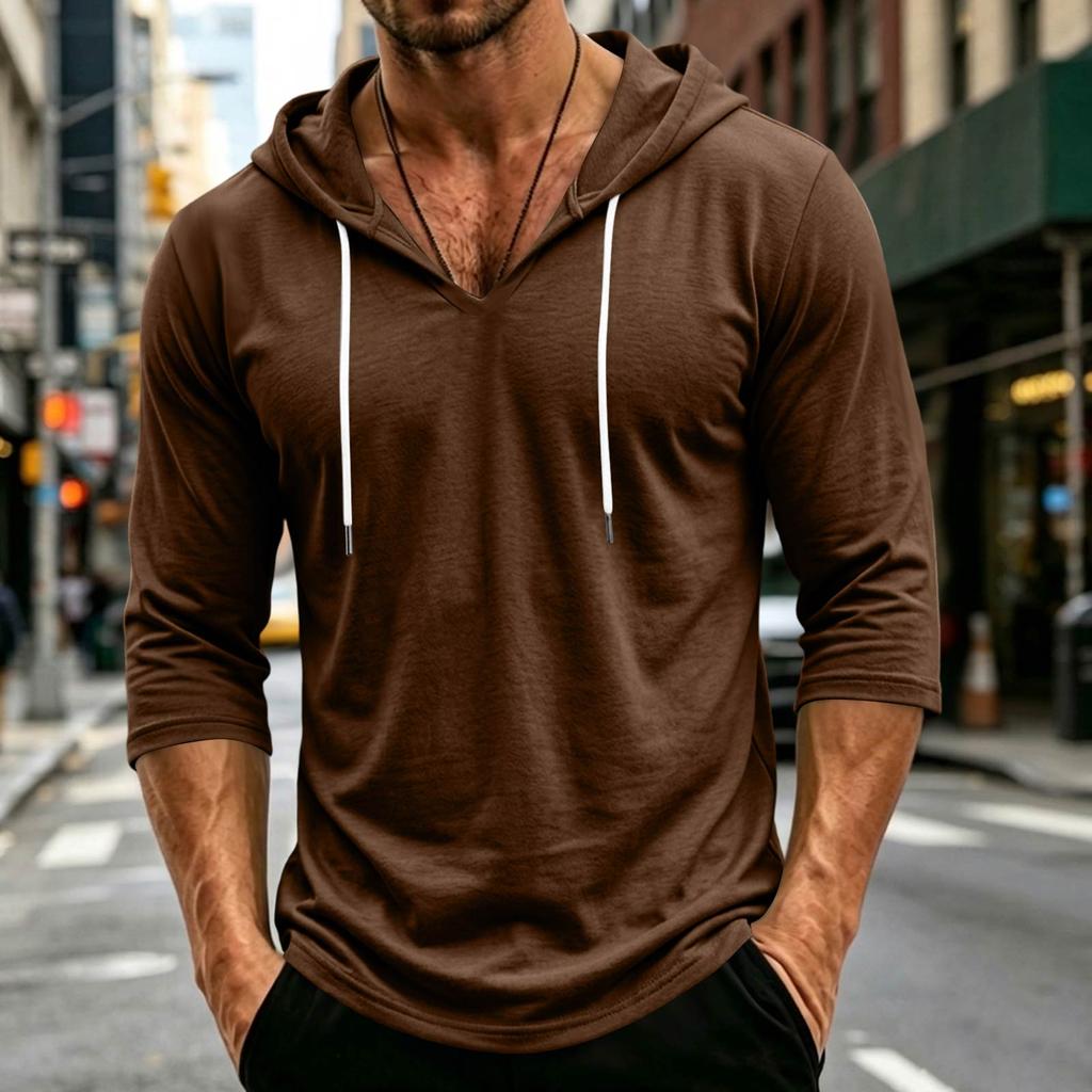 Men's Loose Fit Casual Hoodie Lightweight Pullover with Three Quarter Sleeve Drawstring Hooded Shirt for Everyday Wear