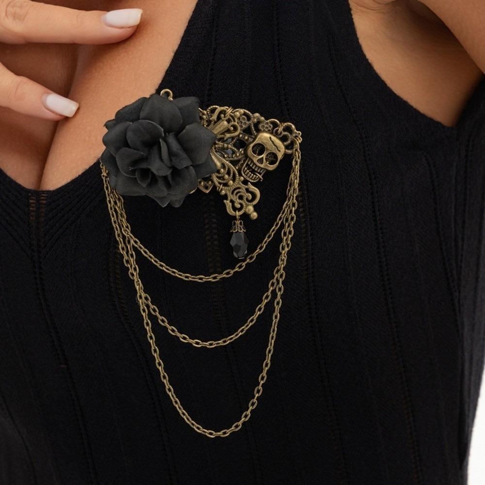 Multi Layer Chain Skull Brooch Antique Metal Lapel Pin Velvet Rose Brooch For Cosplay Costume
