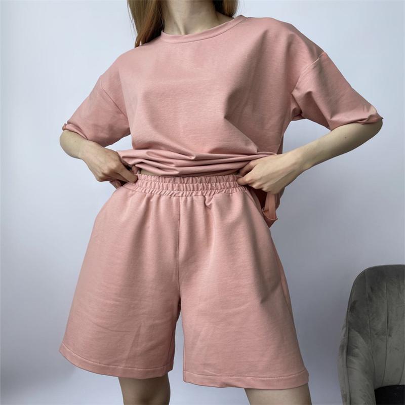 

Женские комплекты Hirsionsan из мягкого хлопка, новинка 2021 года, повседневные футболки из двух предметов с короткими рукавами и шорты с высокой талией, однотонные спортивные костюмы M розовый