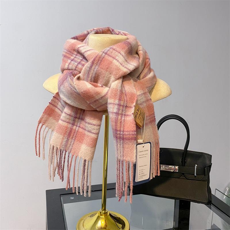 Autumn and Winter New Pink Plaid Scarf Wool Shawl Female Versatile Student Couple Warm Scarf