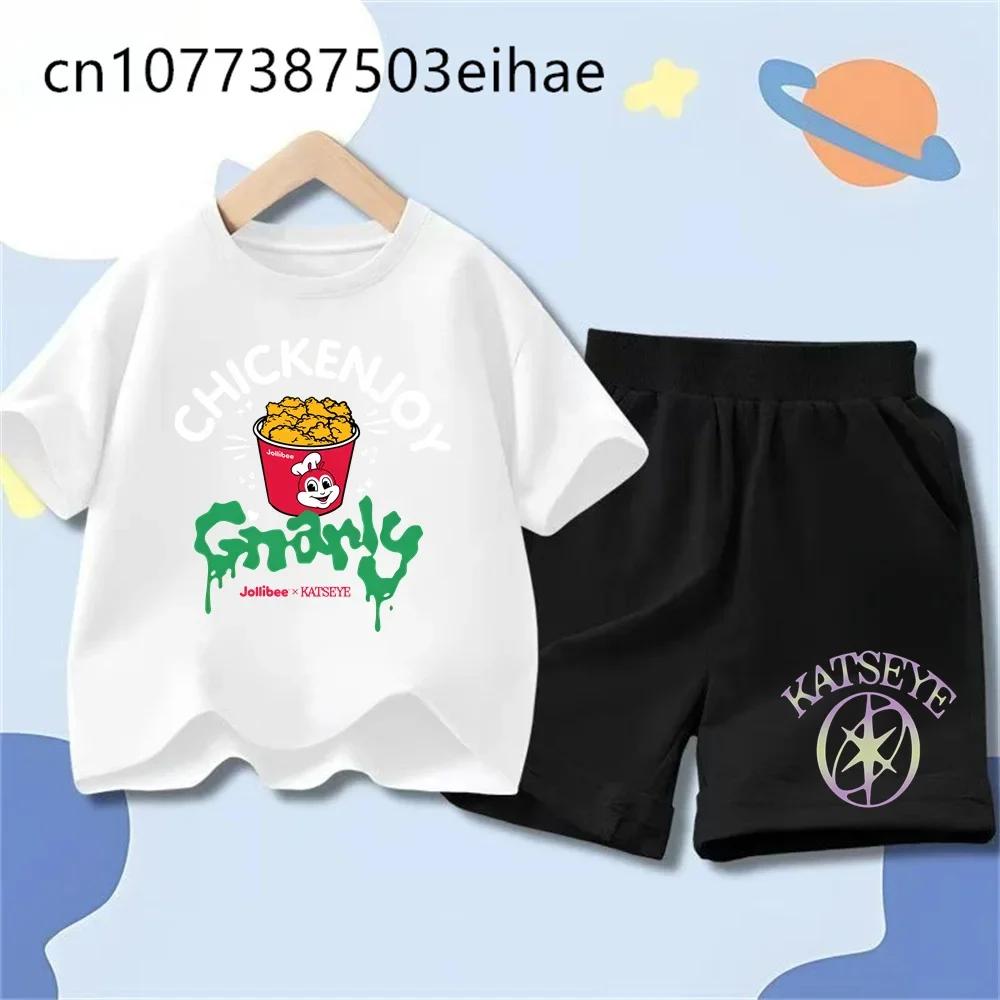 Katseye Girl Group Printed T-shirts Children's Clothing Girls Boys Summer Round Neck Short Sleeve T-shirt Shorts Set Soft