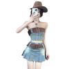 Women's Vintage Spice Girl Belt Top High Waist Skirt Set