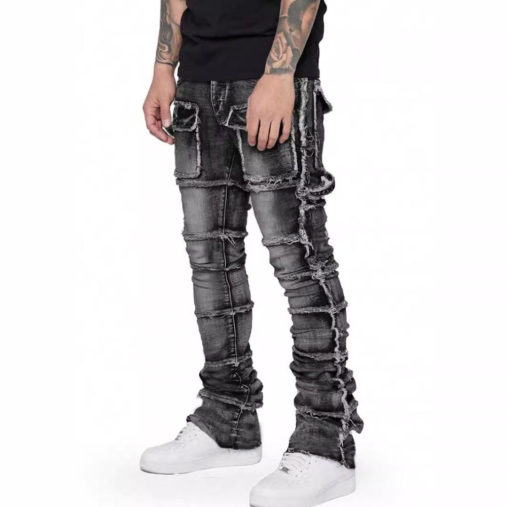 Modische Herren-Arbeitshose aus Stretch-Denim mit geradem Bein, Flicken-Details und geschichtetem, leicht ausgestelltem Design