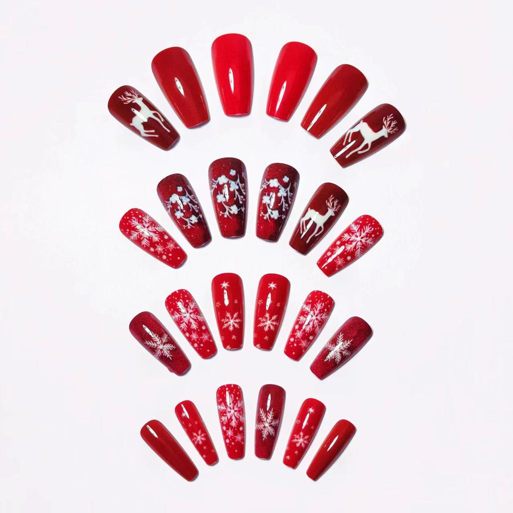 24Pcs Christmas Reindeer Press On Nails Red Artificial False Nails With White Snowflake Prints Design For Festive Party Decoration