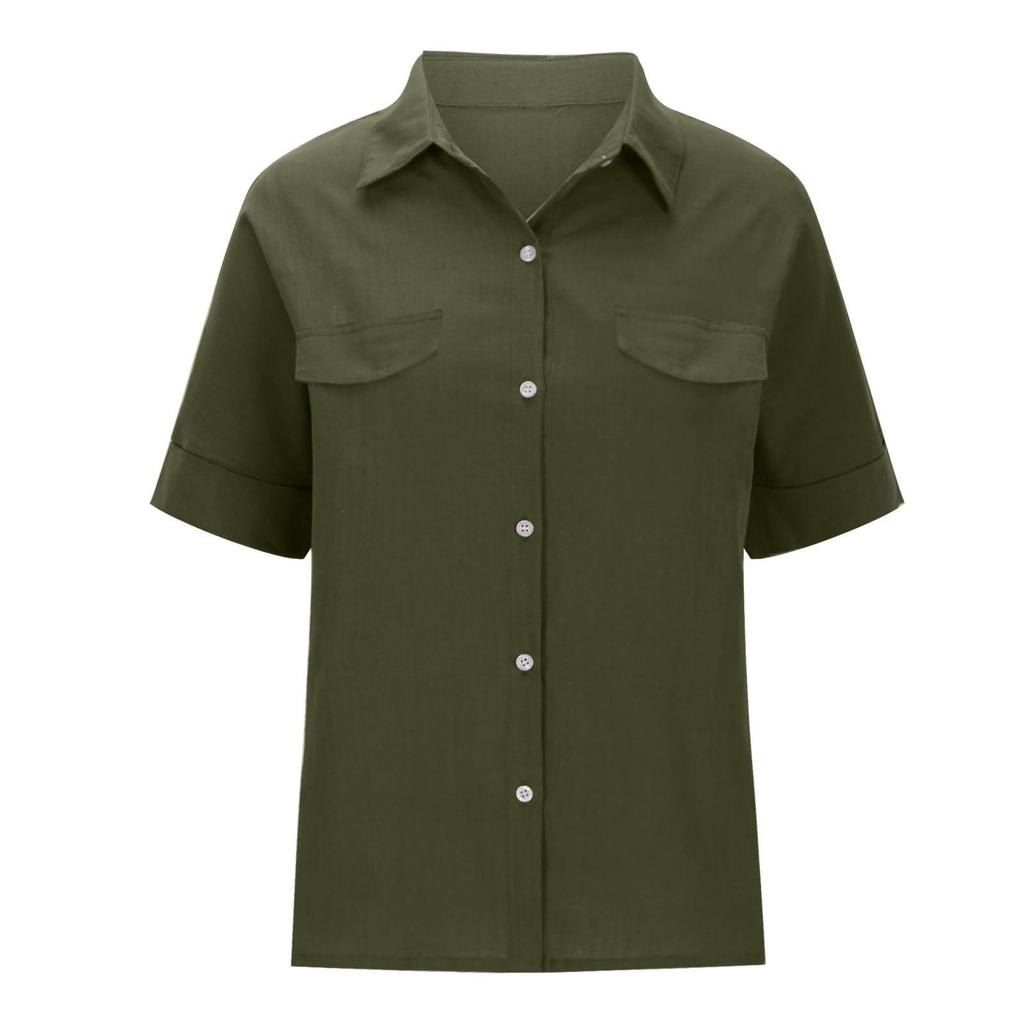 Women's Fashionable Loose-Fit Casual Shirt Button-Up Short-Sleeve Cotton-Linen Blend Top