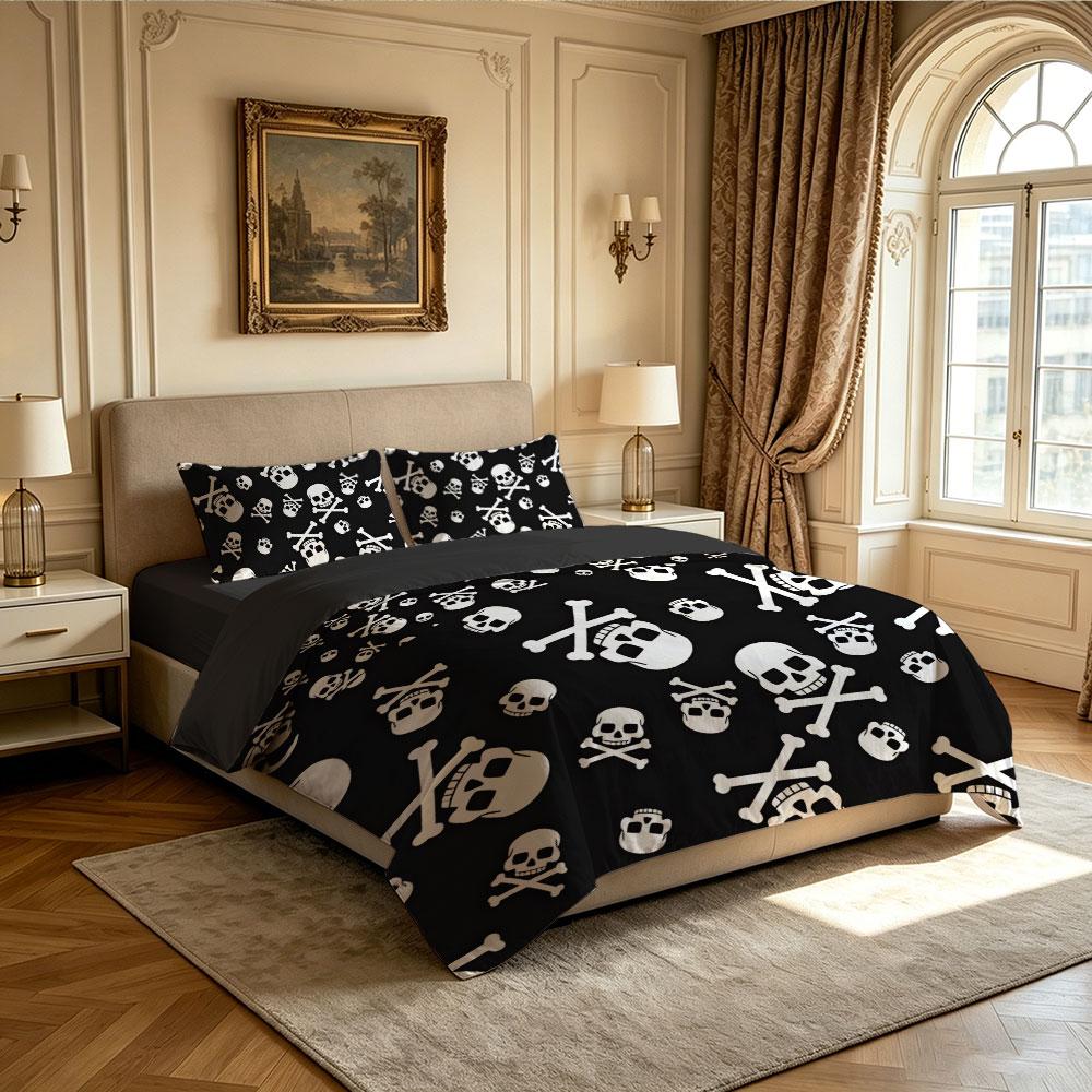 A 3-Piece Black and White Skull-Head Print Bedding Set Including A Duvet Cover and Two Pillowcase Machine-Washed
