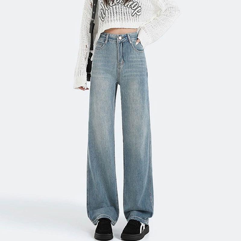 Women's High-Waisted Retro Straight-Leg Jeans - Figure-Flattering, Floor-Length, Casual Wide-Leg Design