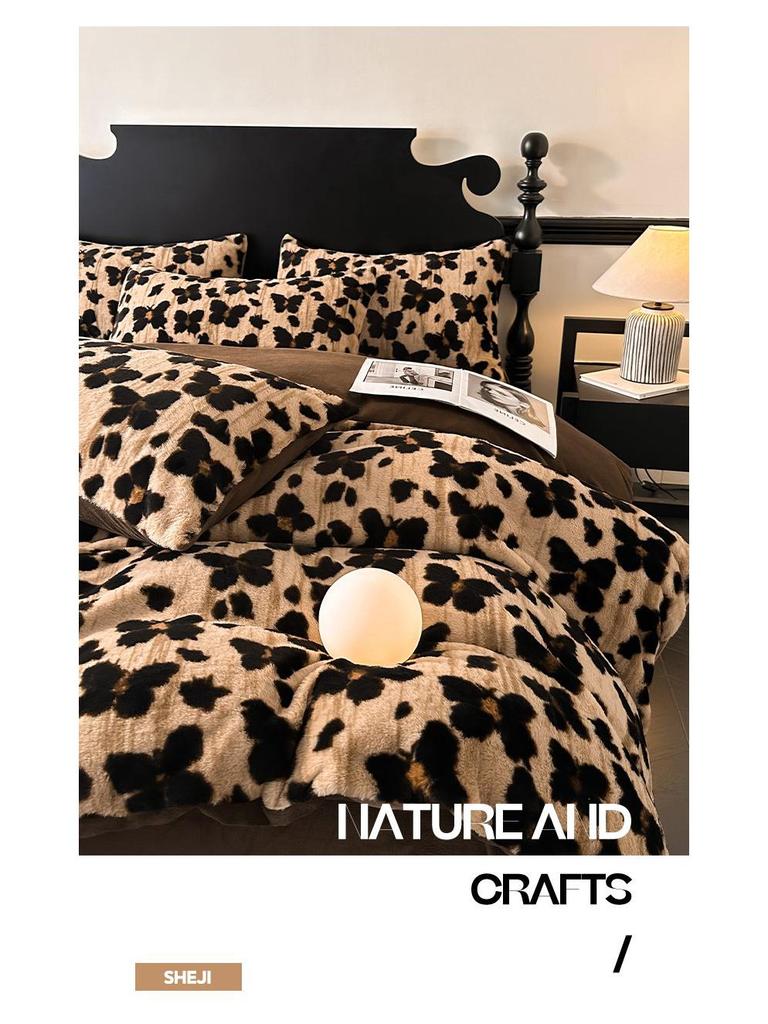 Premium Leopard Print Velvet Fleece 4-Piece Set: Winter Stain-Resistant, Double-Sided Coral Fleece, Warm Duvet Cover Bed