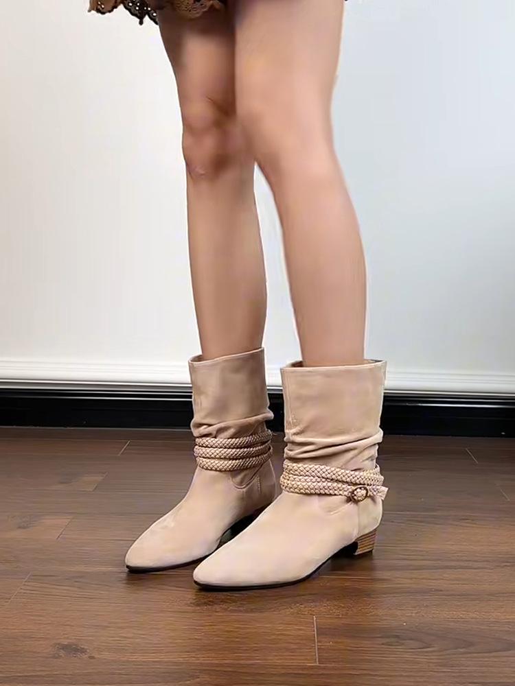 

Версия из коровьей кожи~ Замшевые остроносые ретро тонкие плиссированные модные ботинки Женские ботинки в ковбойском стиле для носки на улице 40 хаки