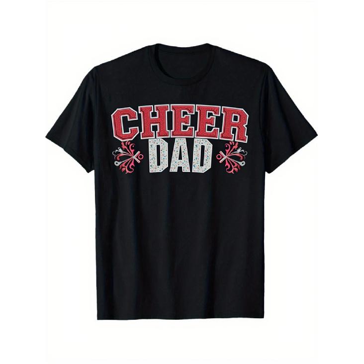 Men'S & Black Cheer Dad T-Shirt | Cheerleading Pom-Pom Lettering & Megaphone Graphic, Relaxed Fit Stretch Tee, All-Season Casual Shirt for Game Day,
