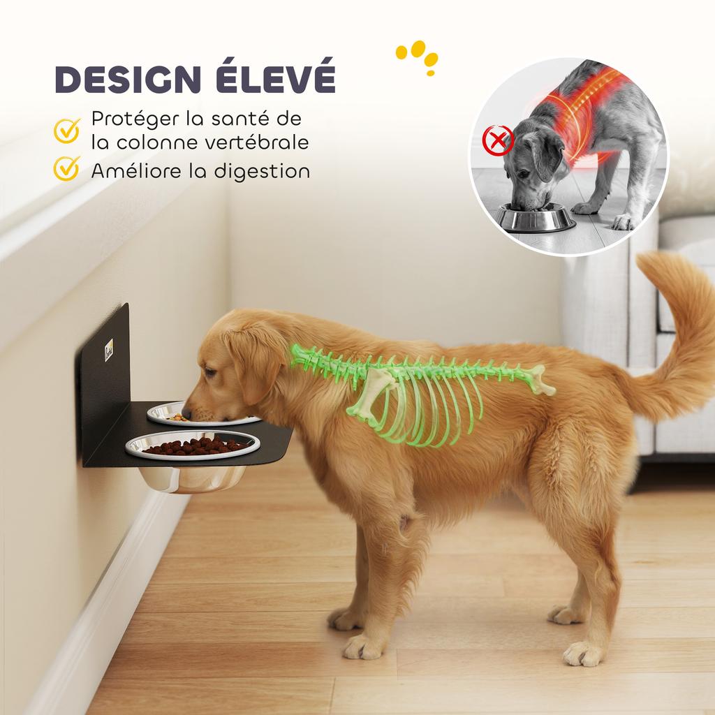 Double Dog Bowl, Wall-Mounted, 2 Bowls, Stainless Steel, 800 ml, 42 x 23.5 x 14 cm, Black