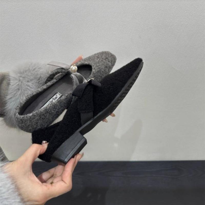 Winter Square with Cotton Shoes Women's Square Head Shallow Mouth Butterfly Knot Soft Sole Non-slip Low Top Shoes