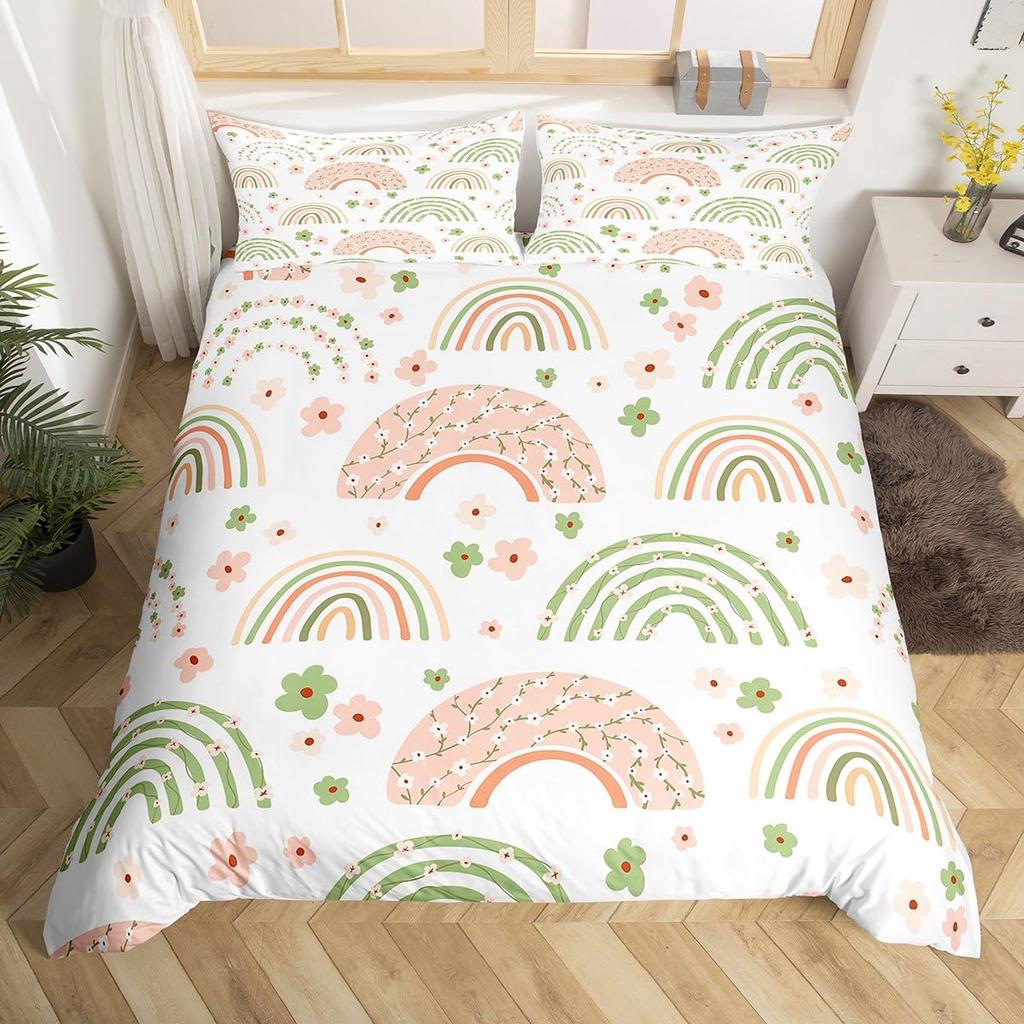 Kids Cartoon Rainbow Duvet Cover Twin Queen Cute Butterfly Flower Leaves Bedding Set for Girl Boys Dream Catcher Comforter Cover