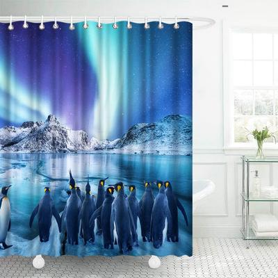 Pinguin Duschvorhang Blau Badezimmervorhang Polartier Aurora Badezimmervorhang Wasserdichtes Polyestergewebe mit Haken