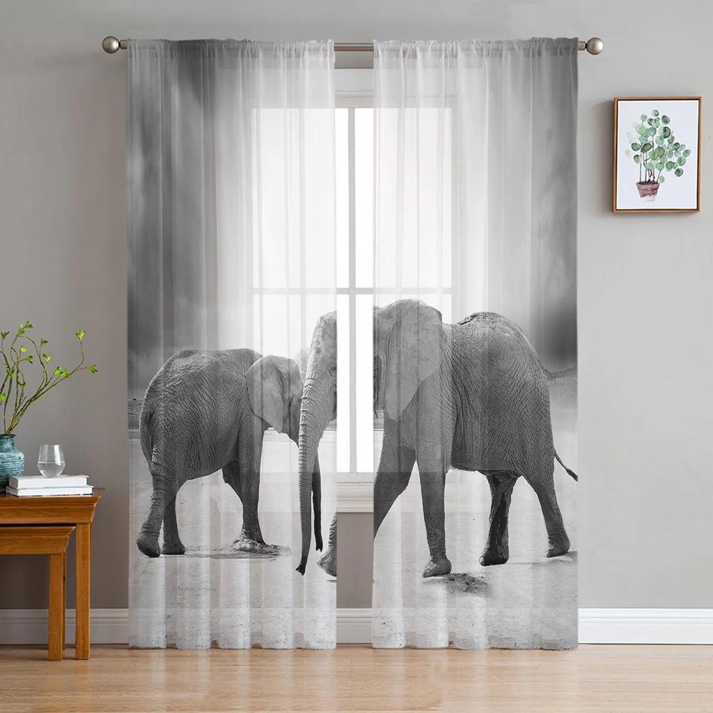 Tier-Elefant-Grasland-Tüllvorhänge für Wohnzimmer, Schlafzimmer, moderne, durchsichtige Chiffon-Küchenvorhänge