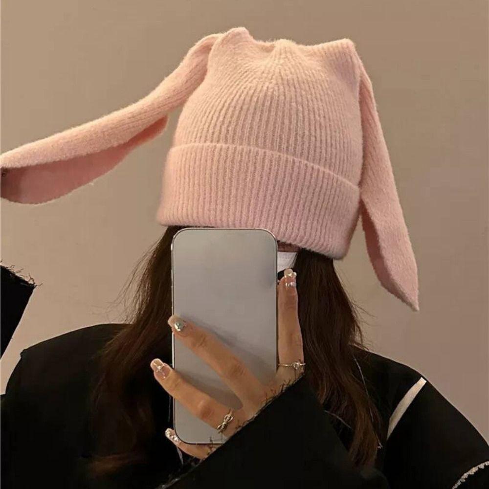 Winter Warm Earflap Hat Long Ears Rabbit Pullover Hat Cute Beanies Caps Women