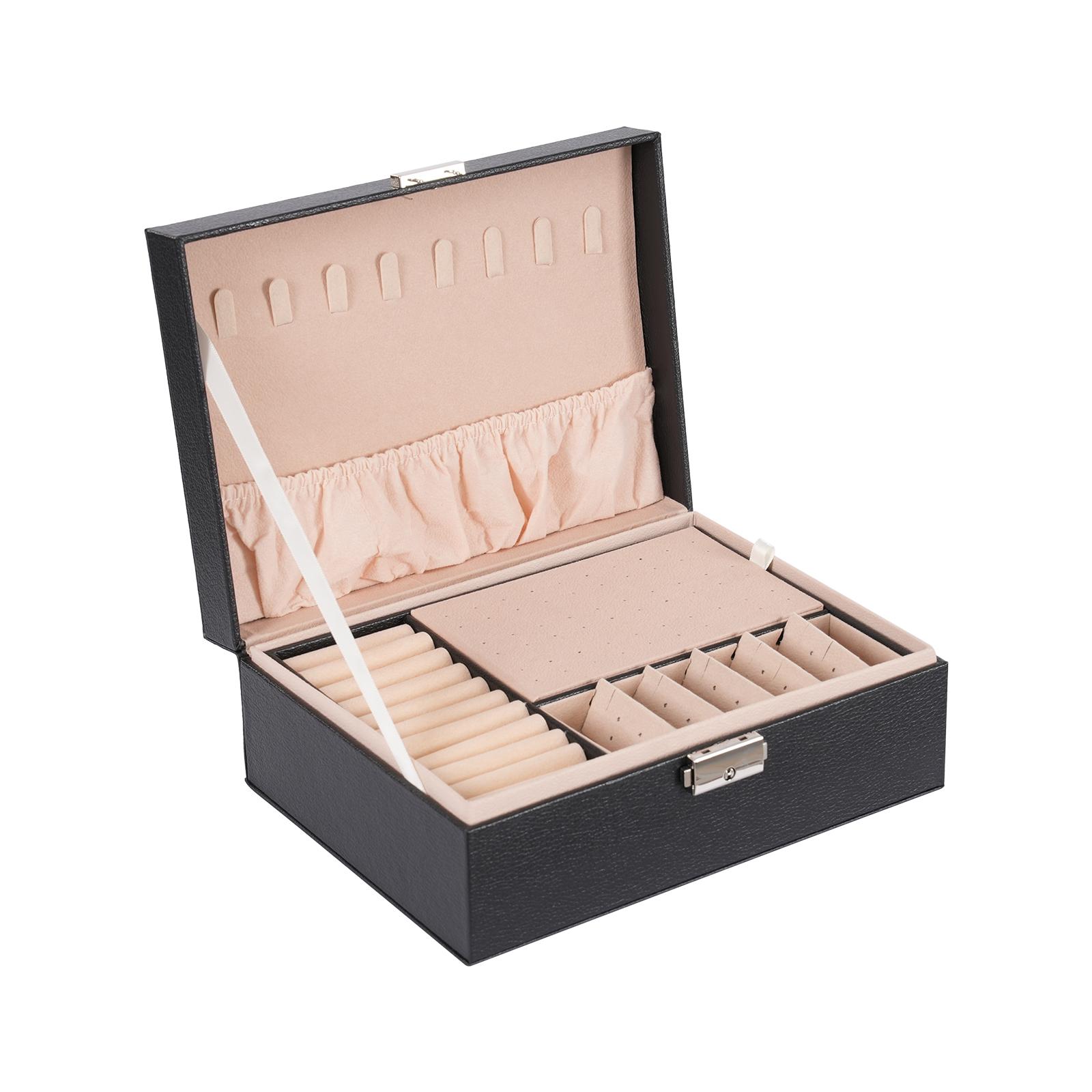 

Двухслойная деревянная шкатулка для украшений, шкатулка для колец, шкатулки и упаковка из искусственной кожи, органайзер для хранения украшений и косметичка чёрный
