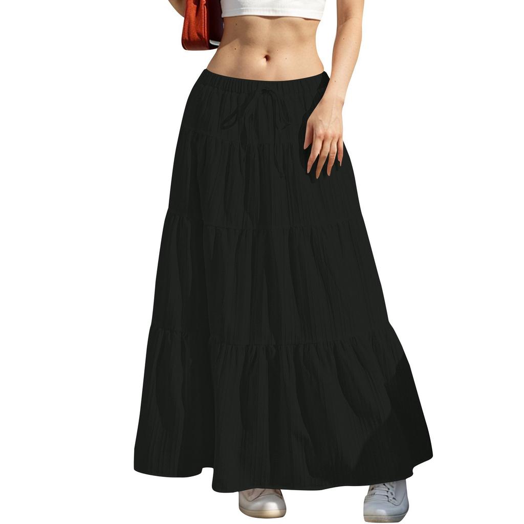 Women's Drawstring High Rise Midi Skirt Tiered Ruffle Maxi Skirt Casual Summer Long Skirt