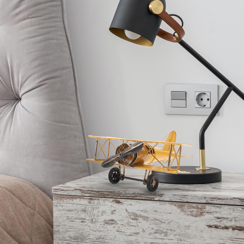 INOOMP Airplane Ornament Retro Tin-Style Biplane Vintage Antique Iron Object Interior Goods Photo Prop Propeller Plane American Decoration Gift