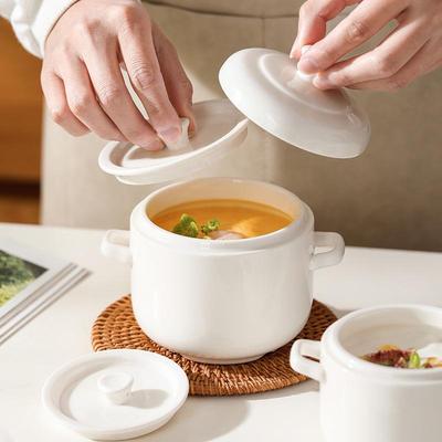 Ceramic Stew Pot with Lid and Double Handles, Double Boiler, Small Soup Bowl, Bird's Nest and Egg Steaming Bowl for Home Use