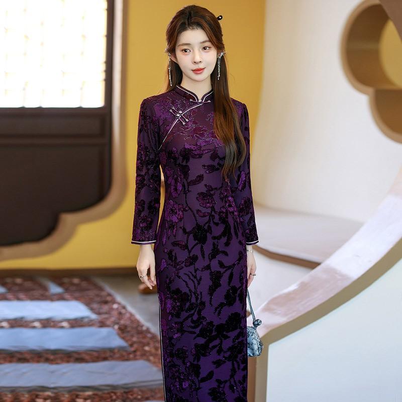 Womens Velvet Chenille Lined Qipao Dress Long Sleeve Stand Collar Retro Chinese Style Winter Warm Coat