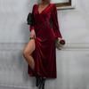 Ladies Long Sleeve Elegant Solid Color V Neck Velvet Bandage Sexy Party High Split Pencil Dress