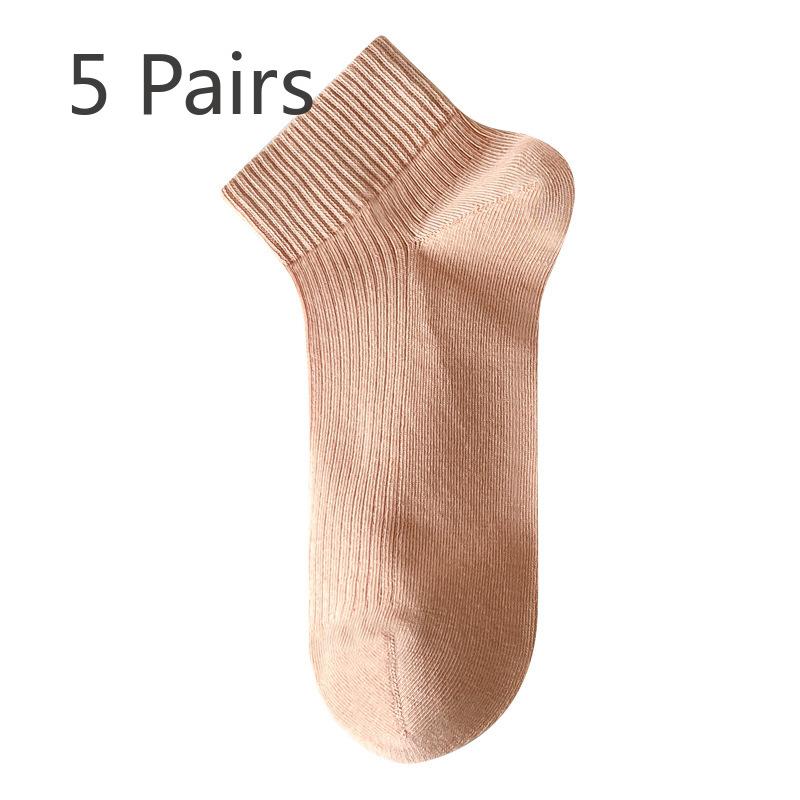 5 Pairs of Women's Spring and Summer Thin Breathable White Boneless Antibacterial and Deodorant Short Tube Cotton Socks