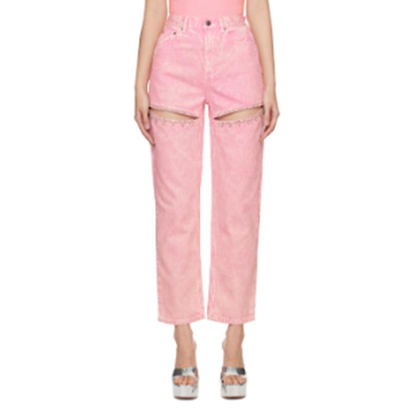 

Джинсы с высокой талией, женские модные, с рисунком «гвоздь», с вырезом, универсальные, летние брюки XL розовый