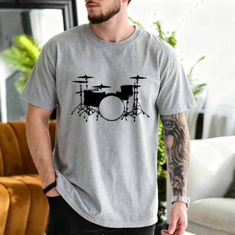 Unisex Crew Neck Drum Set Silhouette Print Short Sleeve Cotton Tee Casual Summer Streetwear Loose Basic Daily Outdoor Wear Top