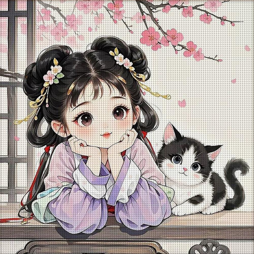 Komplette Stickerei Öko-Baumwollfaden 11CT bedruckt Mädchen Kreuzstich Kit Kunst 50x50cm