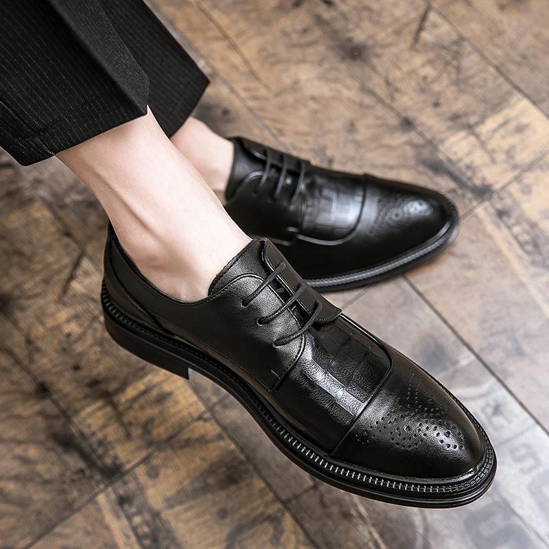 Men's Large Size Formal Brogue Leather Lace-up Shoes - Pointed Toe, Trendy Casual