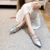 Fashion pointed toe double bowtie flat shoes woman silver leather ballet flats ankle belt T-strap moccasins women mary janes big size 43