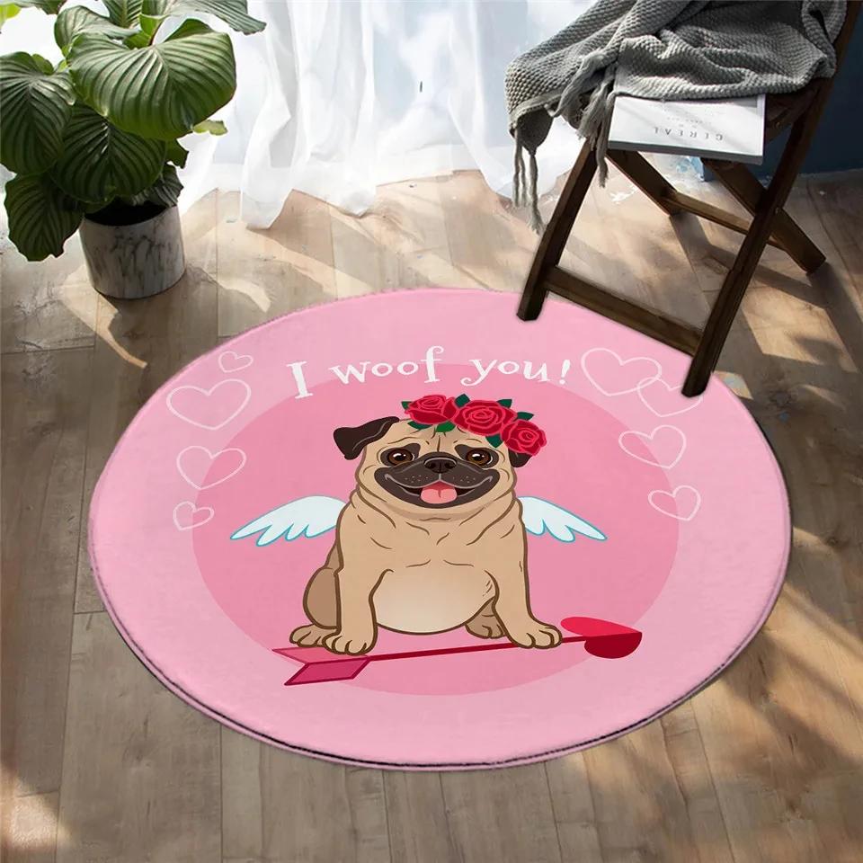 Cute Pug Dog Round Carpet Kawaii Pet Area Rug for Living Room Bedroom Decor Anti-Slip Floor Mat Circle Kitchen Entrance Doormat