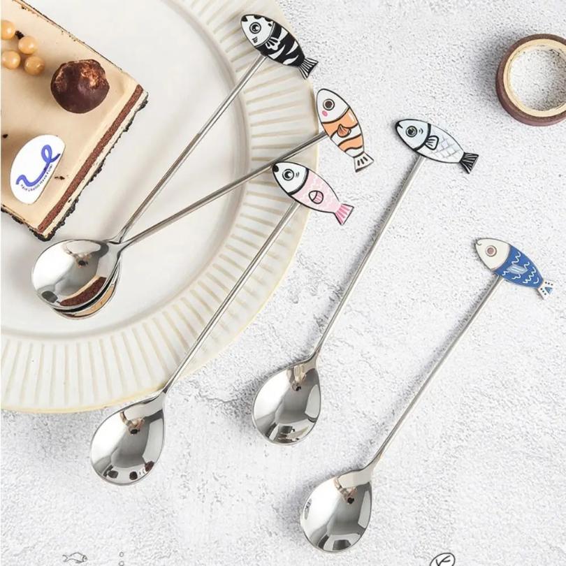 Scoop Polished Cat Fish Stainless Steel Spoon Japanese Korean Style Colorful Stirring Spoon Stirring Spoon Teaspoon Cake