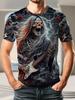 Men'S Polyester Short Sleeve T-Shirt, Gothic Grim Reaper Playing Guitar Print, Cool Rock Style Graphic Tee, Spooky Skull Rose Lightning Design, Casual