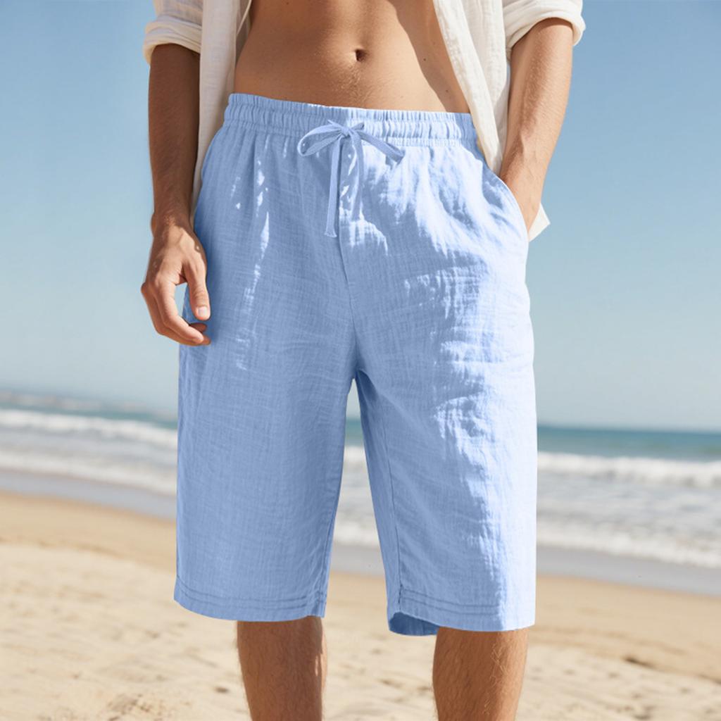 Men's Drawstring Loose Waist Quick-drying Straight Leg Color Breathable Daily Beach Seven-point Casual Shorts