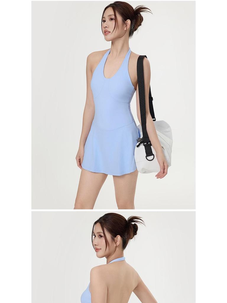 Women's Summer Backless Sport Dress: Quick-Dry, Slimming, Anti-Exposure Training Running Tennis Skirt